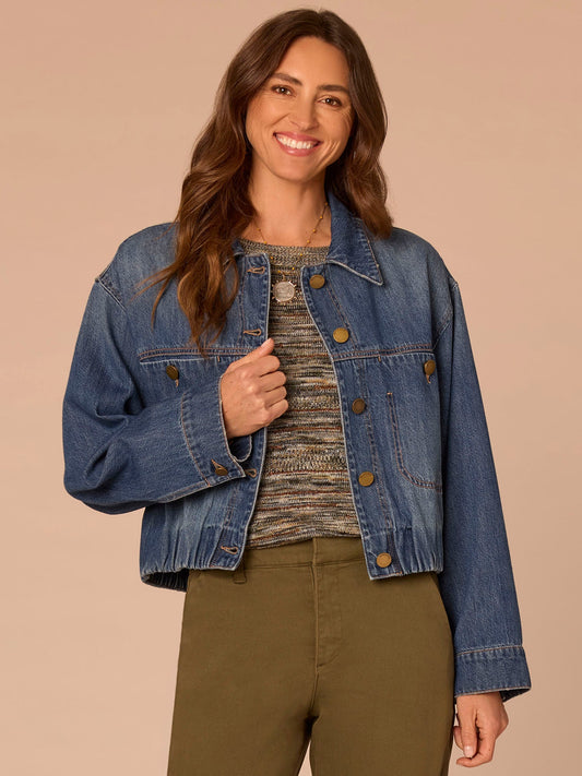 Long Sleeve Button Front Cropped Elastic Hem Denim Jacket - Blue Artisanal Denim