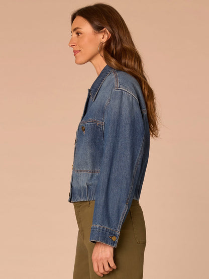 Long Sleeve Button Front Cropped Elastic Hem Denim Jacket - Blue Artisanal Denim