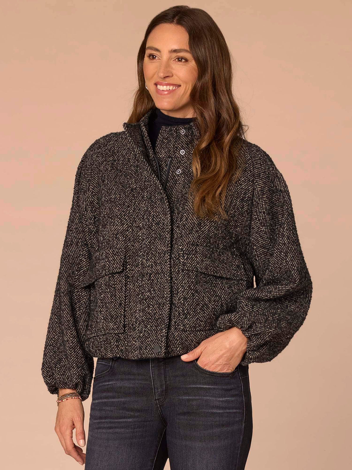 Long Raglan Sleeve Mock Neck Zip Up Bubble Hem Petite Woven Jacket - Black Wheat Multi