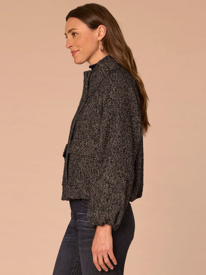 Long Raglan Sleeve Mock Neck Zip Up Bubble Hem Petite Woven Jacket - Black Wheat Multi