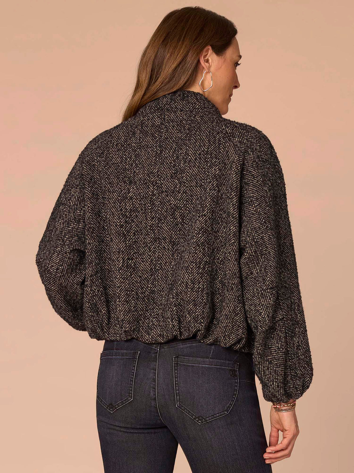 Long Raglan Sleeve Mock Neck Zip Up Bubble Hem Petite Woven Jacket - Black Wheat Multi