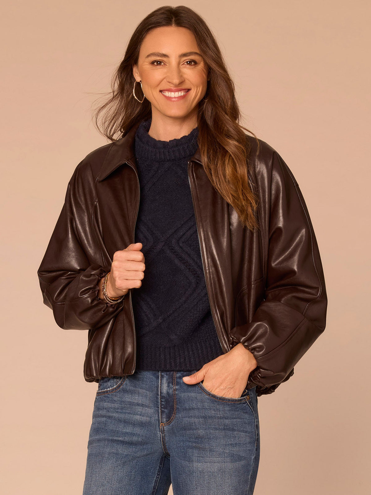 Long Blouson Sleeve Collared Zip Up Petite Pleather Bomber Jacket - Chocolate Fudge