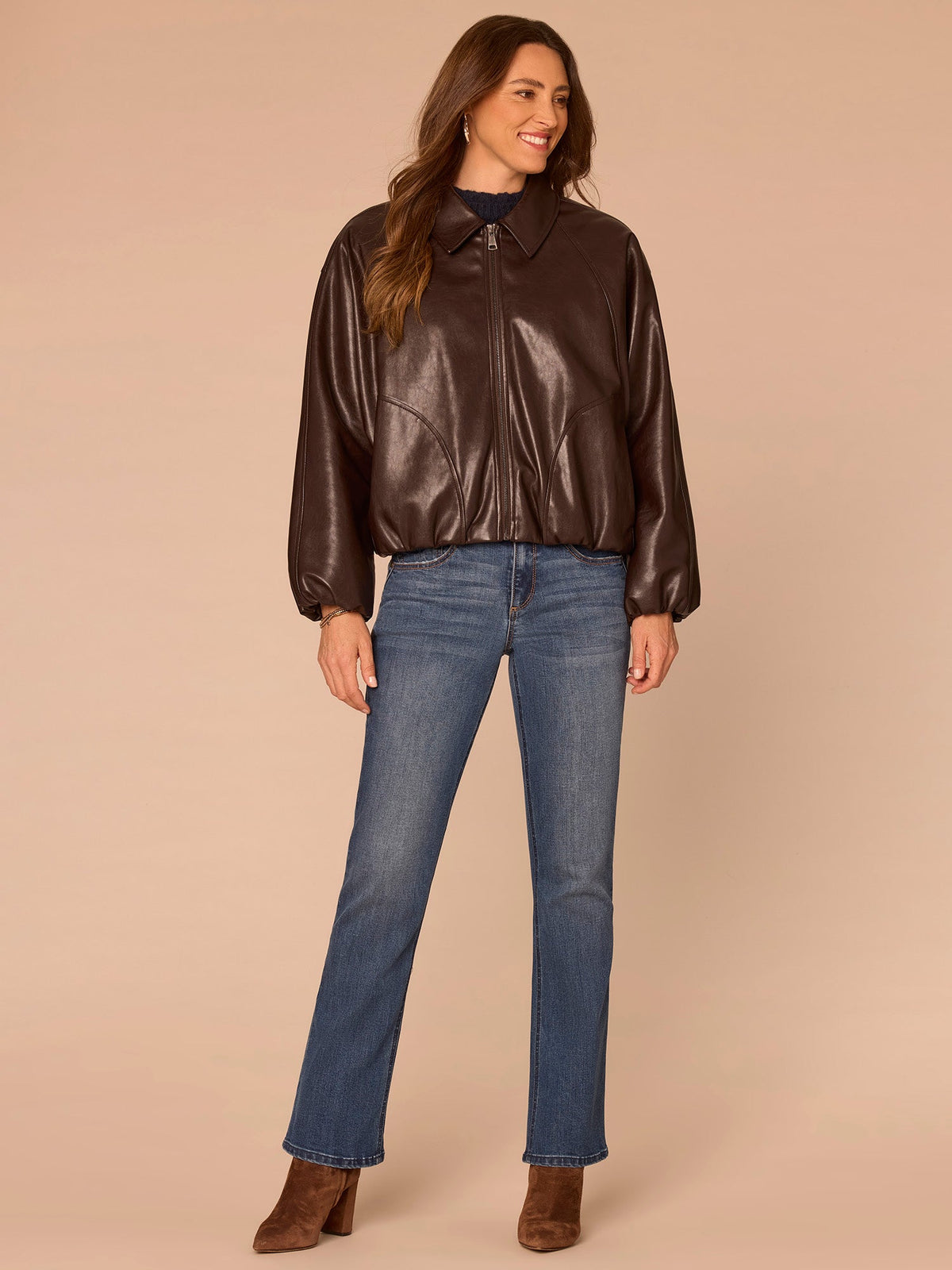 Long Blouson Sleeve Collared Zip Up Petite Pleather Bomber Jacket - Chocolate Fudge