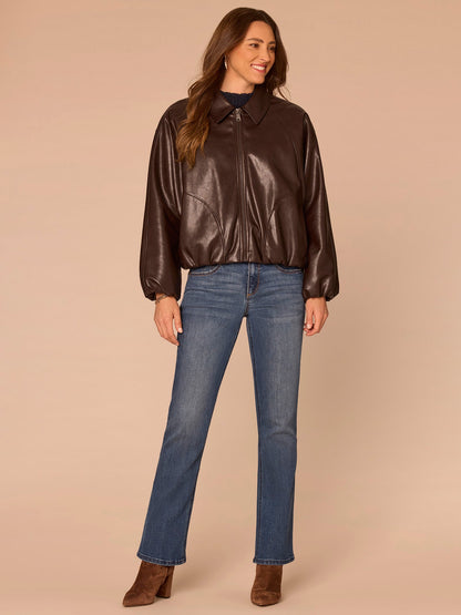 Long Blouson Sleeve Collared Zip Up Petite Pleather Bomber Jacket - Chocolate Fudge