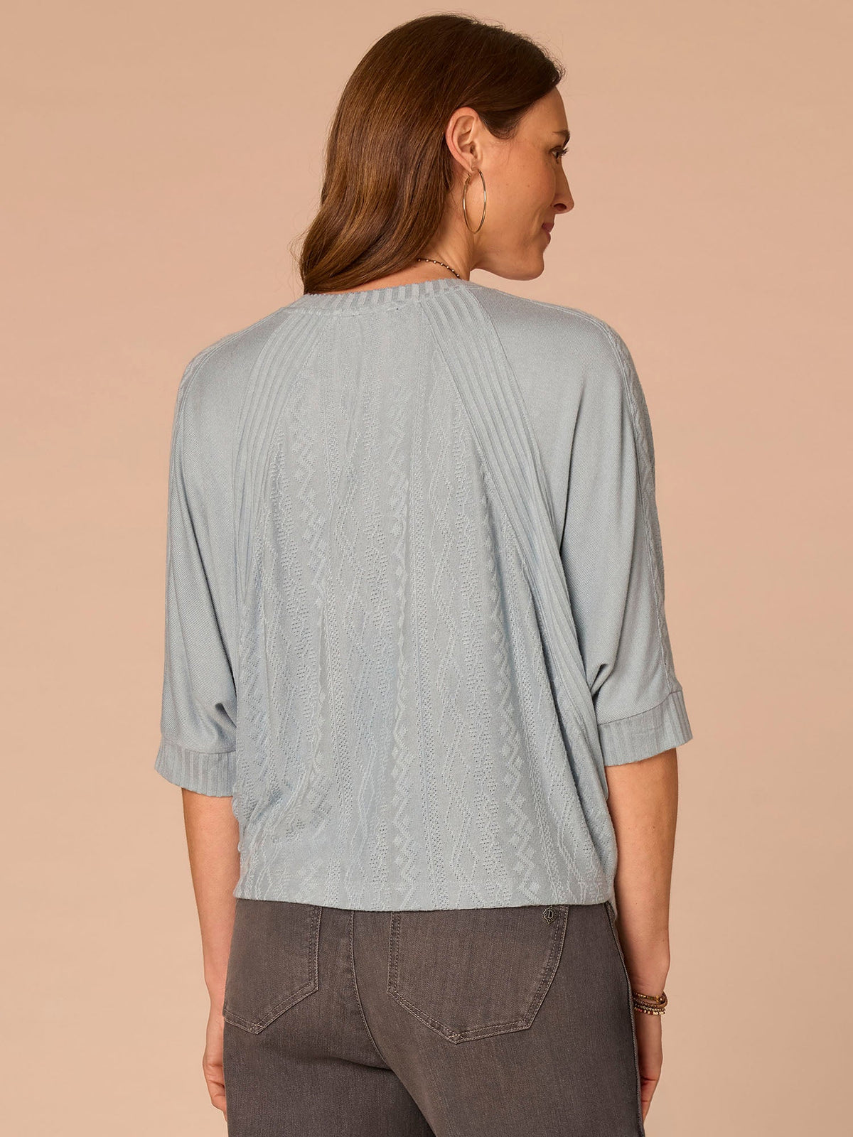 Three Quarter Dolman Batwing Sleeve Crew Neck Mixed Media Knit Top - Heather Nile Blue|Heather Saddle