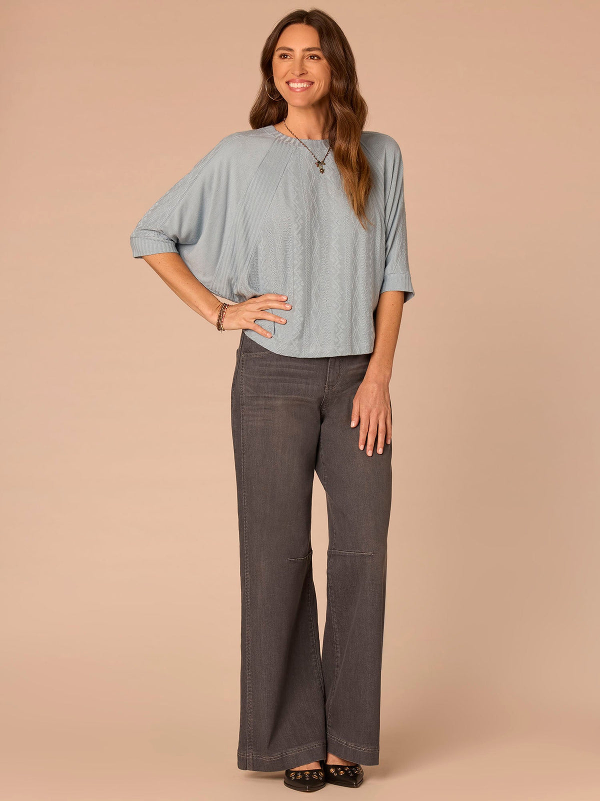 Three Quarter Dolman Batwing Sleeve Crew Neck Mixed Media Knit Top - Heather Nile Blue|Heather Saddle