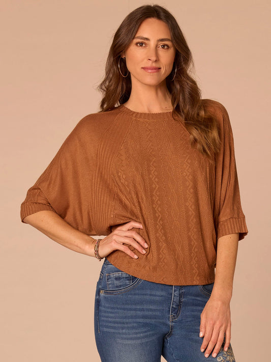 Three Quarter Batwing Sleeve Crew Neck Mixed Media Petite Knit Top - Heather Saddle|Heather Nile Blue