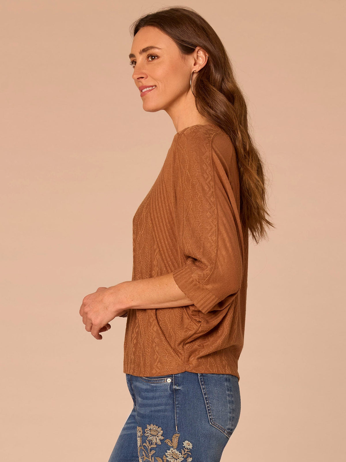 Three Quarter Dolman Batwing Sleeve Crew Neck Mixed Media Knit Top - Heather Nile Blue|Heather Saddle