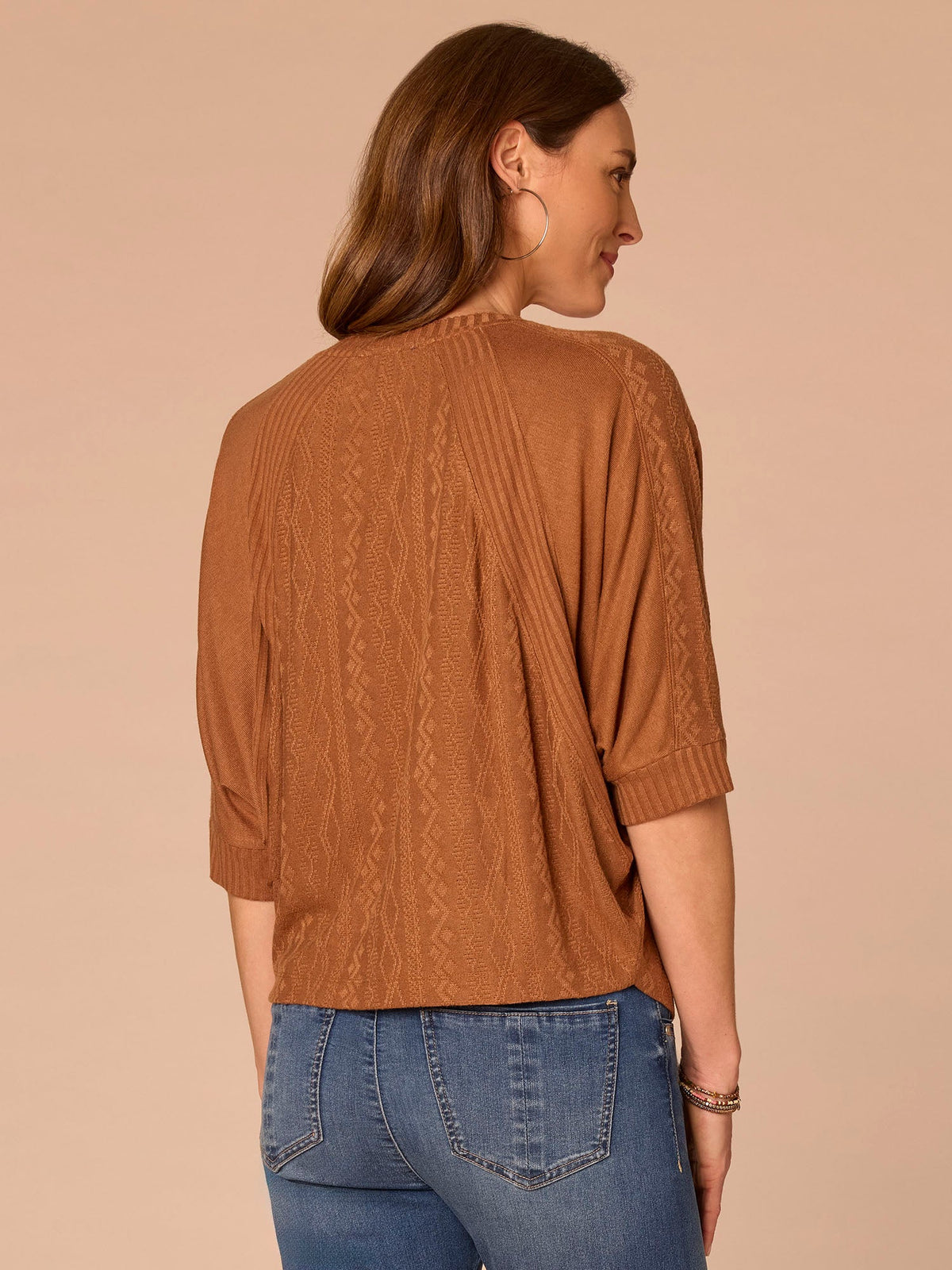 Three Quarter Dolman Batwing Sleeve Crew Neck Mixed Media Knit Top - Heather Nile Blue|Heather Saddle