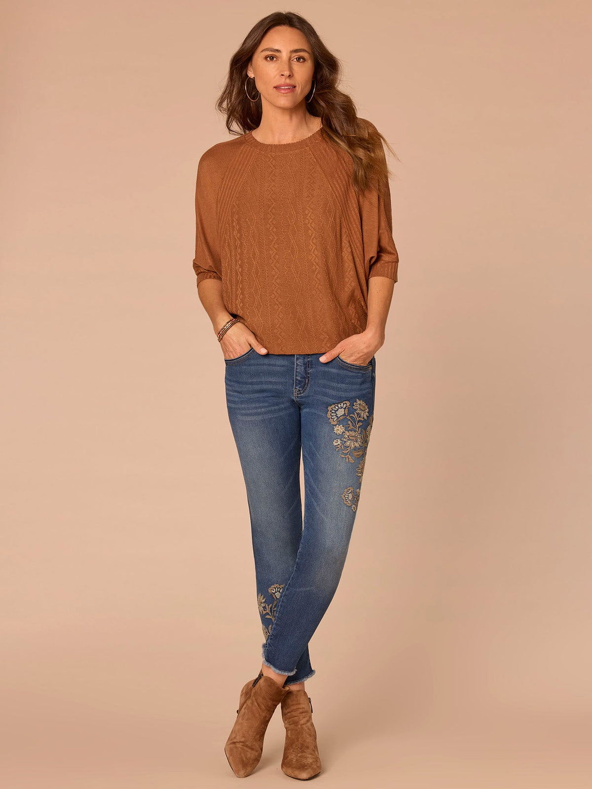Three Quarter Dolman Batwing Sleeve Crew Neck Mixed Media Knit Top - Heather Nile Blue|Heather Saddle
