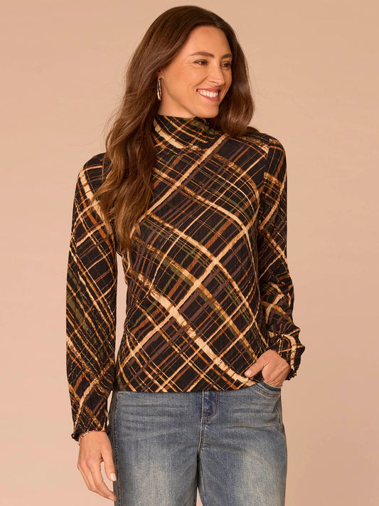 Long Blouson Sleeve Turtleneck Zip Back Abstract Plaid Print Knit Top - Brown Multi Stripe|Navy Multi Stripe