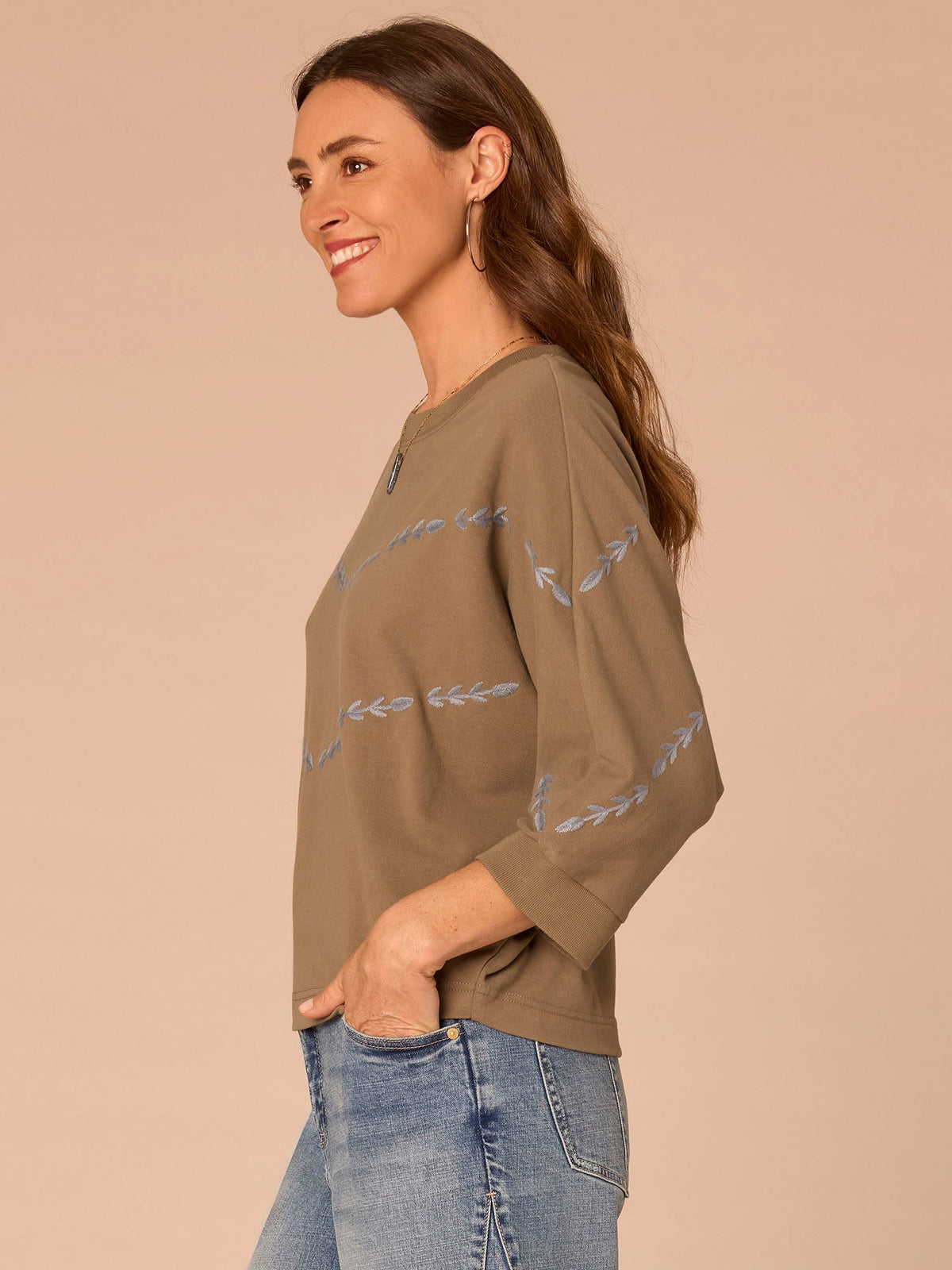Three Quarter Dolman Sleeve Scoop Neck Embroidered Knit Top - Laurel Oak Blue Shadow