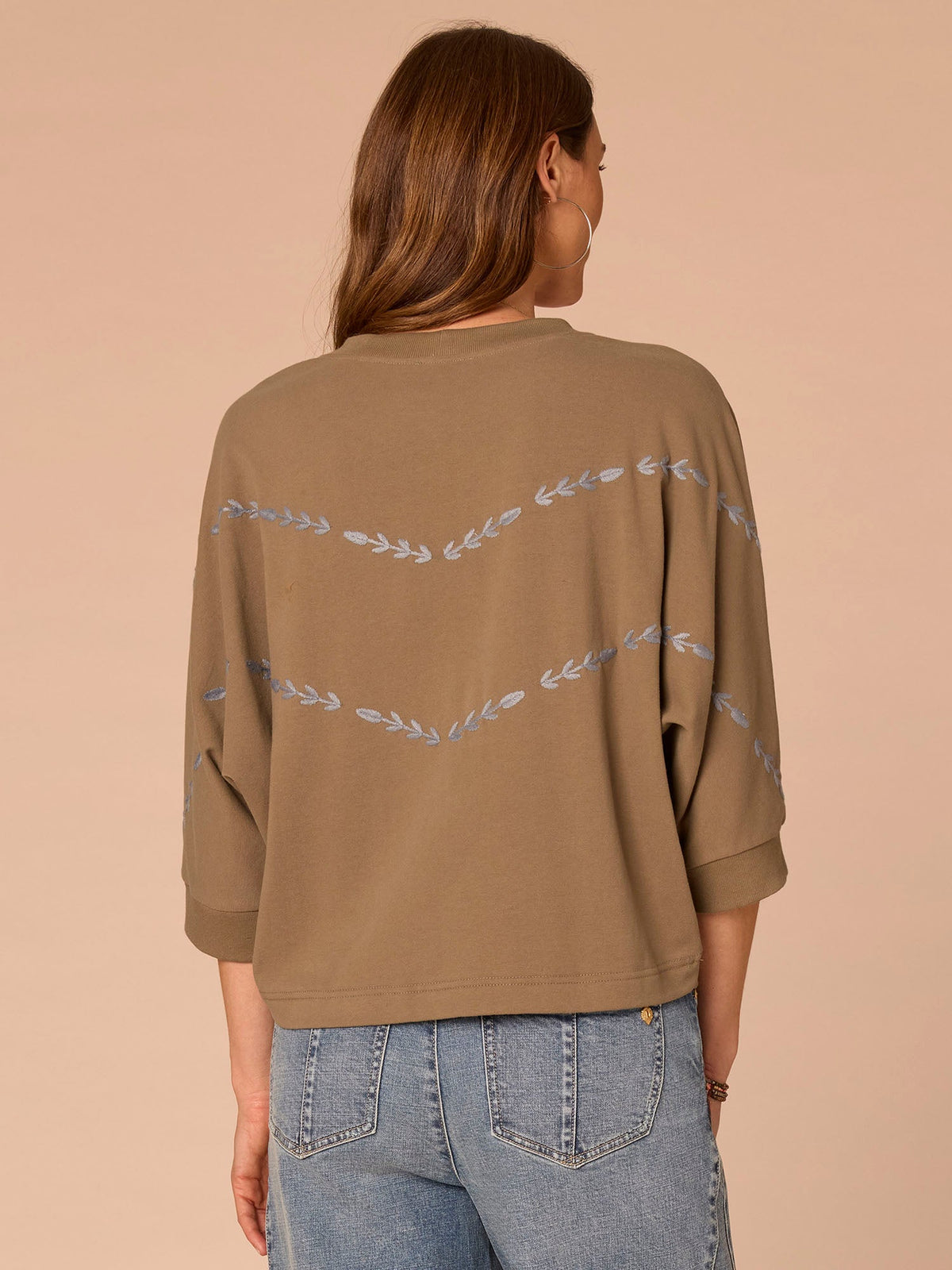 Three Quarter Dolman Sleeve Scoop Neck Embroidered Petite Knit Top - Laurel Oak Blue Shadow