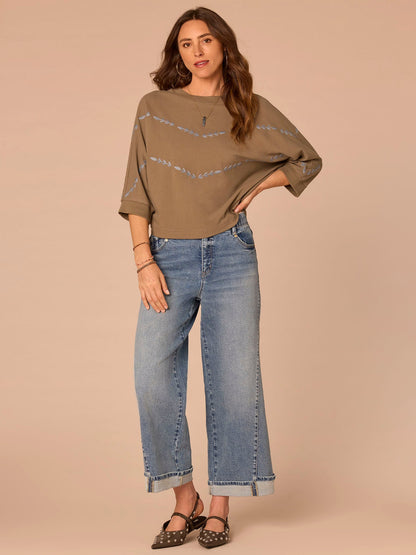 Three Quarter Dolman Sleeve Scoop Neck Embroidered Knit Top - Laurel Oak Blue Shadow