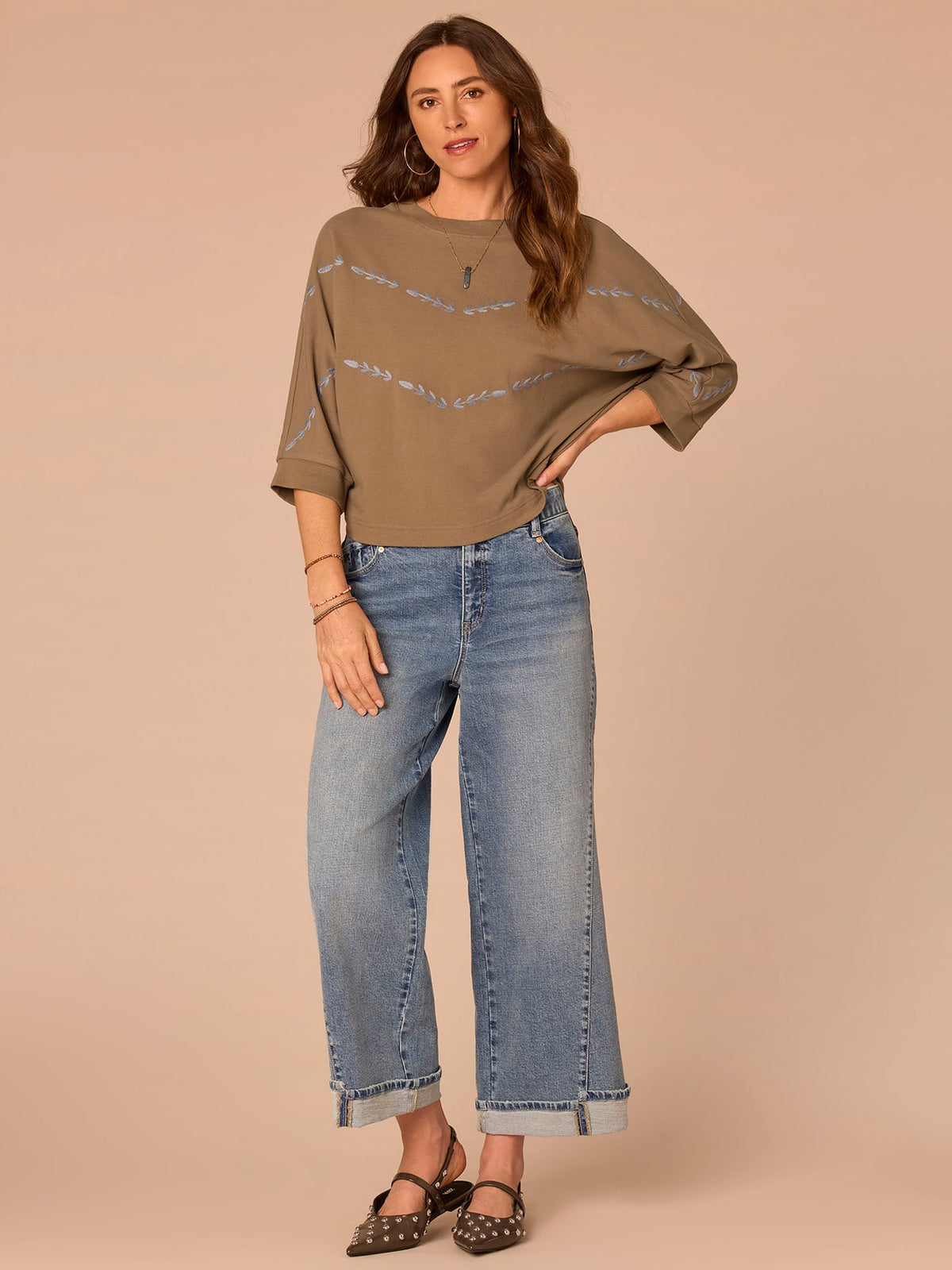 Three Quarter Dolman Sleeve Scoop Neck Embroidered Petite Knit Top - Laurel Oak Blue Shadow