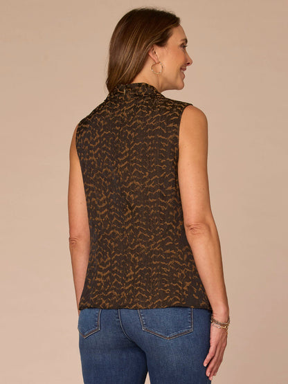 Sleeveless Cowl Neck Zip Back Abstract Animal Print Woven Top - Black Camel|Ecru Off White