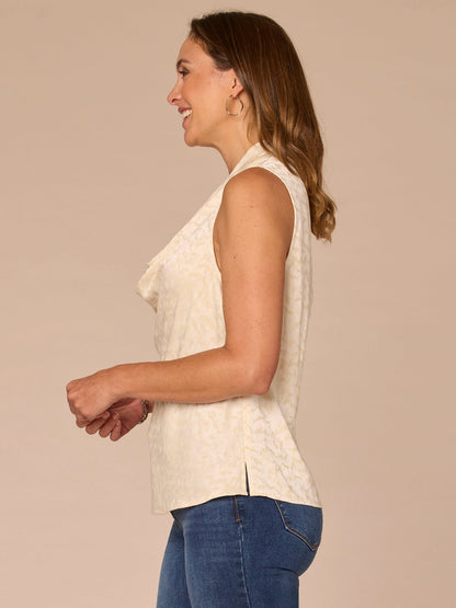 Sleeveless Cowl Neck Zip Back Abstract Animal Print Woven Top - Black Camel|Ecru Off White