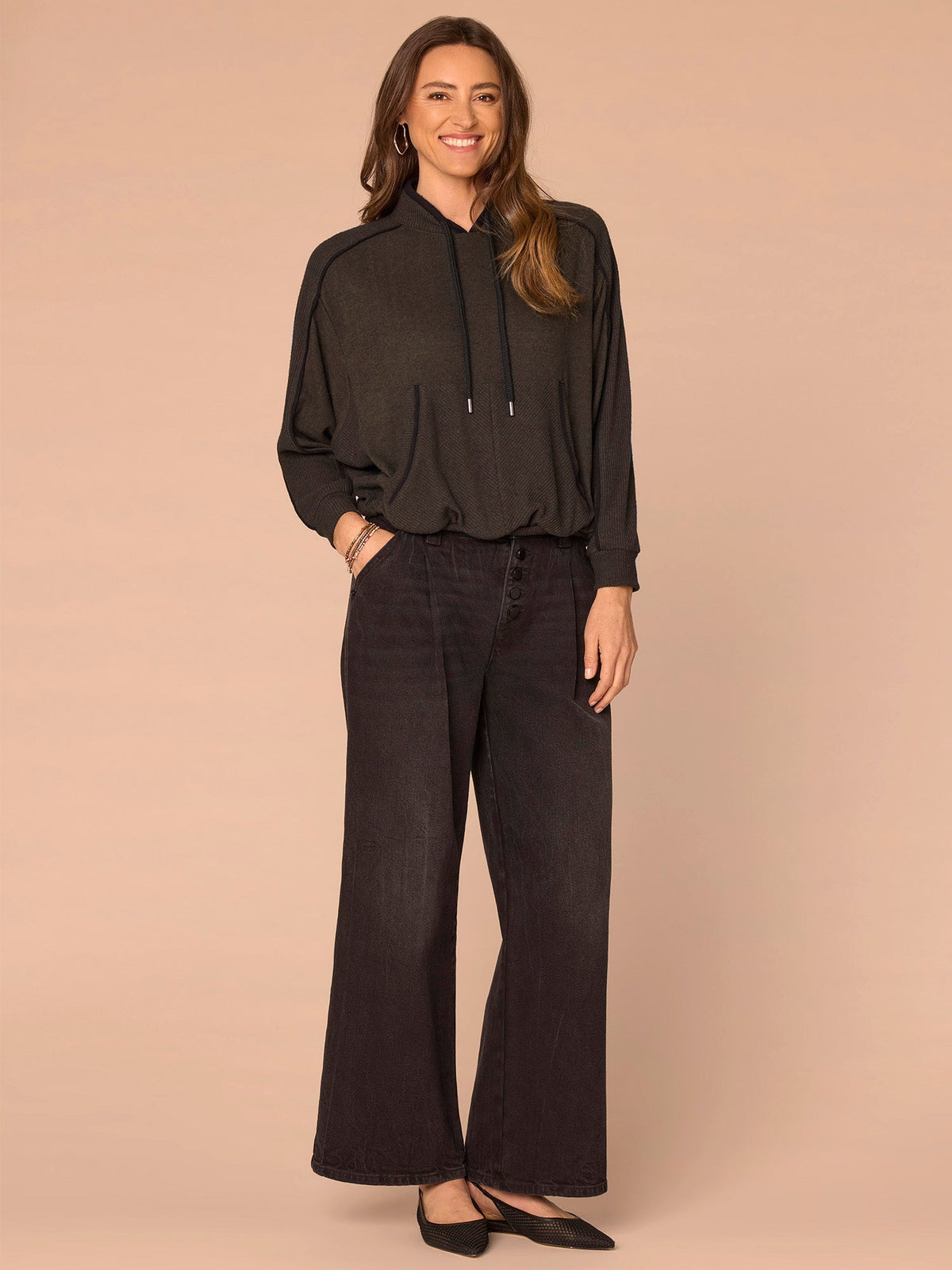 Long Sleeve Tie Collar Kangaroo Pocket Bubble Hem Mixed Media Knit Top - Heather Evening Blue Black|Heather Ecru Heather Vintage Walnut|Heather Duffle Green Black