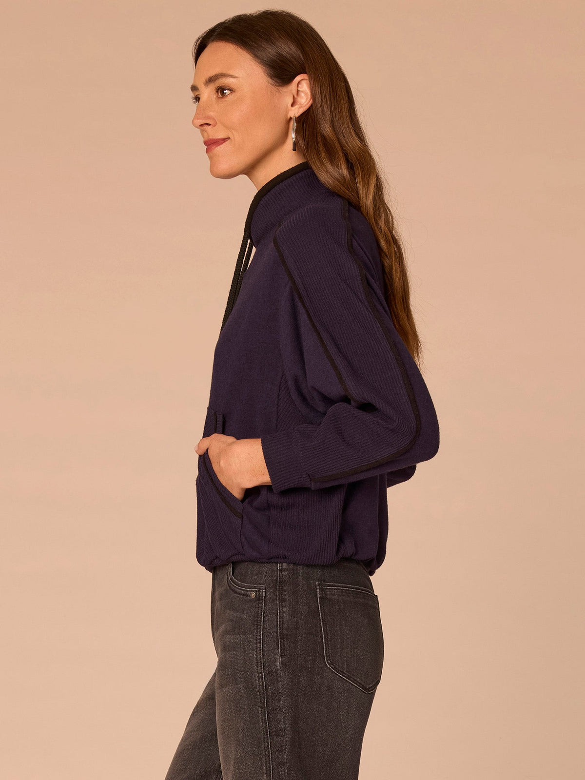 Long Sleeve Tie Collar Kangaroo Pocket Bubble Hem Mixed Media Knit Top - Heather Evening Blue Black|Heather Ecru Heather Vintage Walnut|Heather Duffle Green Black