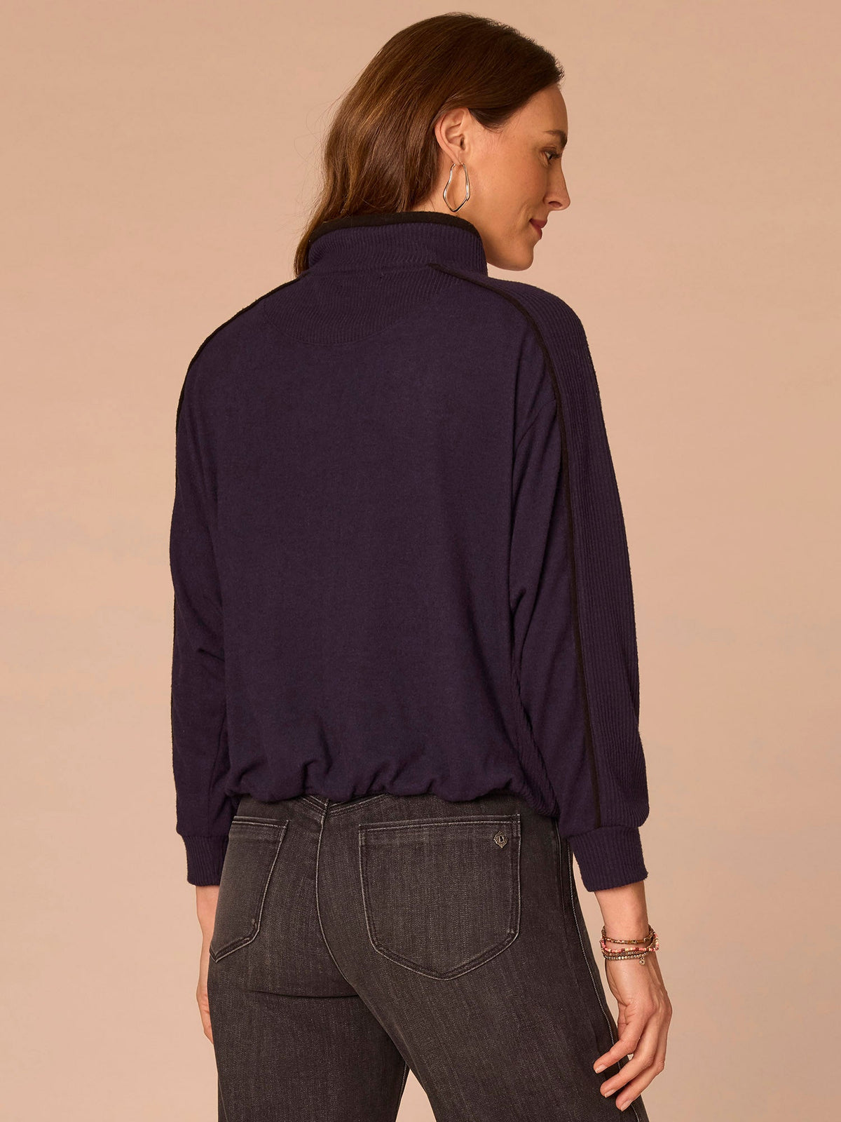 Long Sleeve Tie Collar Kangaroo Pocket Bubble Hem Mixed Media Knit Top - Heather Evening Blue Black|Heather Ecru Heather Vintage Walnut|Heather Duffle Green Black