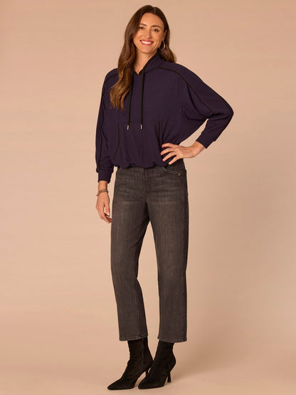 Long Sleeve Tie Collar Kangaroo Pocket Bubble Hem Mixed Media Knit Top - Heather Evening Blue Black|Heather Ecru Heather Vintage Walnut|Heather Duffle Green Black