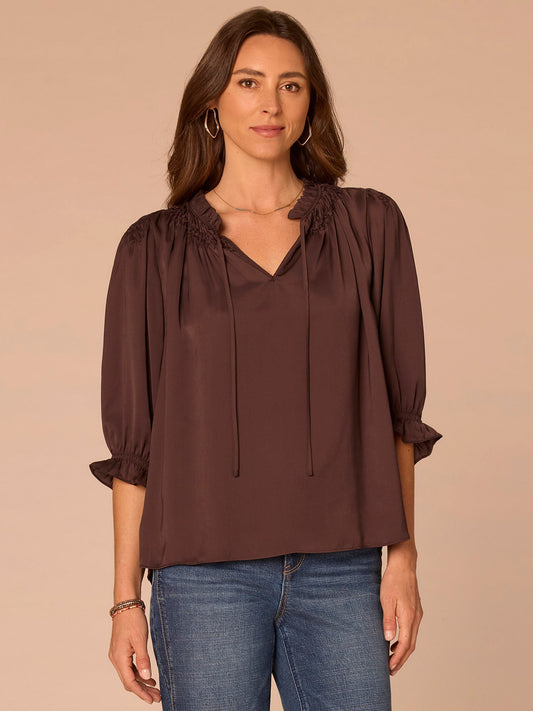 Three Quarter Sleeve Honeycomb Embroidered Split Neck Woven Top - Brown