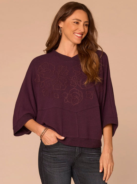 Three Quarter Dolman Sleeve High V-Neck Embroidered Knit Top - Heather Concord Grape|Heather Cream