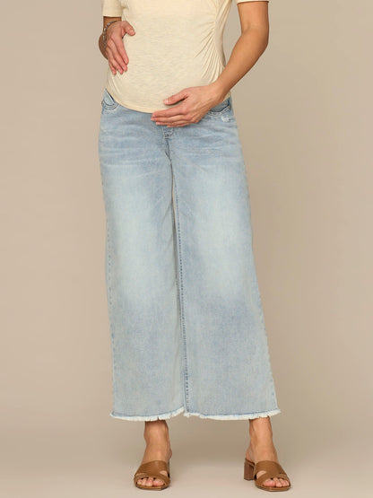 CradleComfort Baby Bump Round Up Fray Hem Maternity Wide Leg Jeans - Light Blue Artisanal Denim