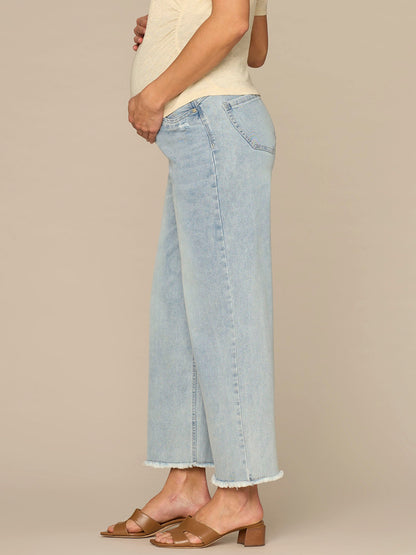 CradleComfort Baby Bump Round Up Fray Hem Maternity Wide Leg Jeans - Light Blue Artisanal Denim