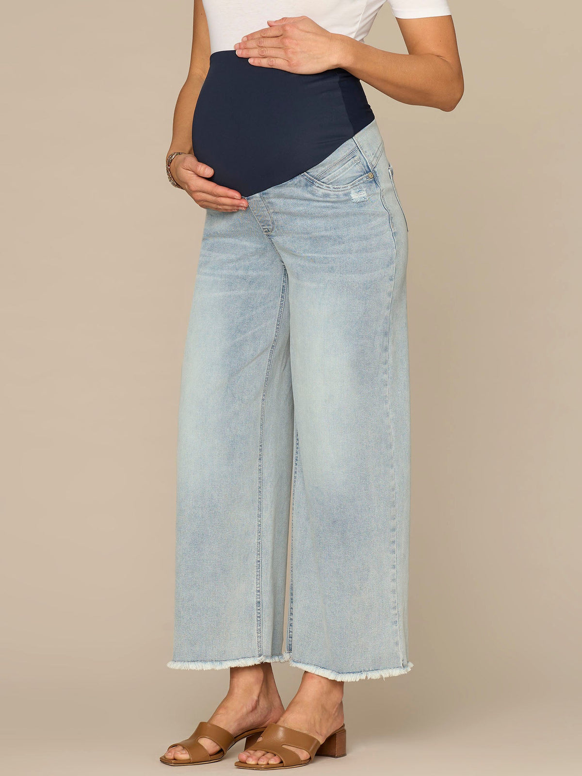 CradleComfort Baby Bump Round Up Fray Hem Maternity Wide Leg Jeans - Light Blue Artisanal Denim