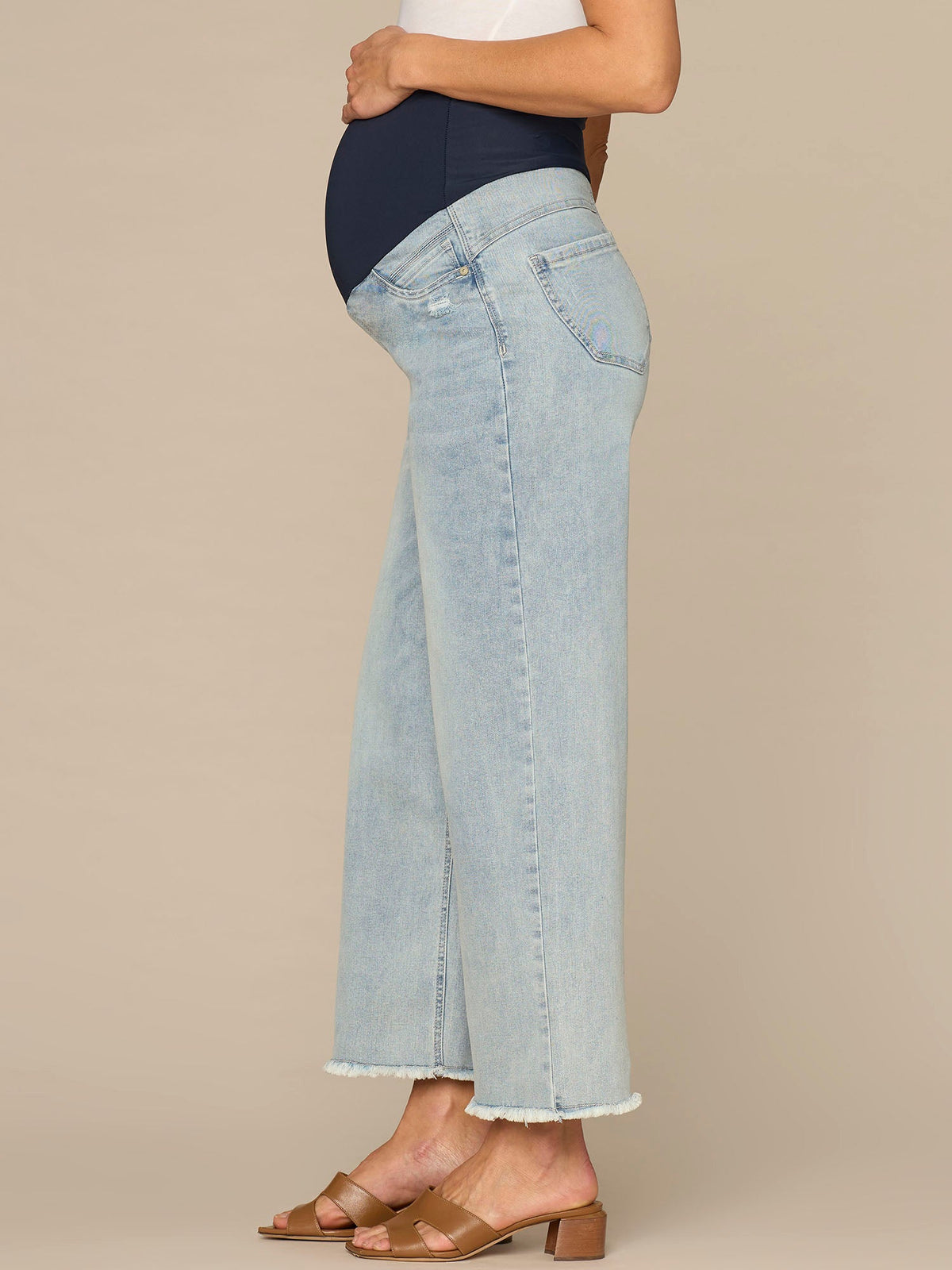 CradleComfort Baby Bump Round Up Fray Hem Maternity Wide Leg Jeans - Light Blue Artisanal Denim