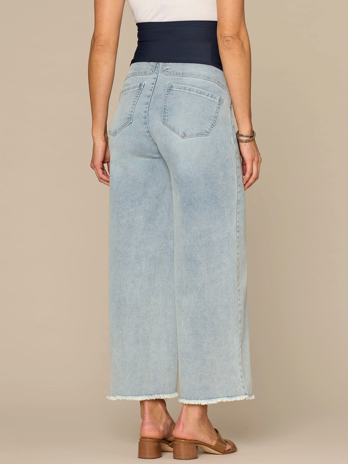 CradleComfort Baby Bump Round Up Fray Hem Maternity Wide Leg Jeans - Light Blue Artisanal Denim