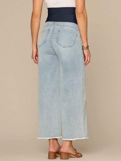 CradleComfort Baby Bump Round Up Fray Hem Maternity Wide Leg Jeans - Light Blue Artisanal Denim