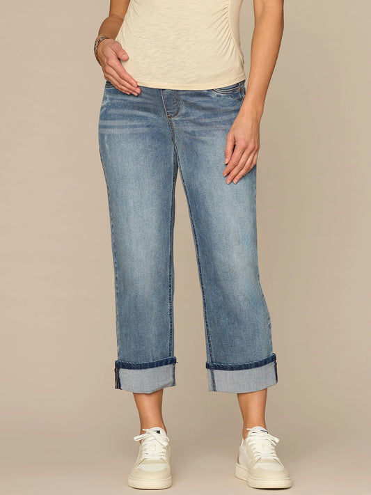 CradleComfort Baby Bump Maternity Round Up Cropped Boyfriend Jeans - Blue Denim