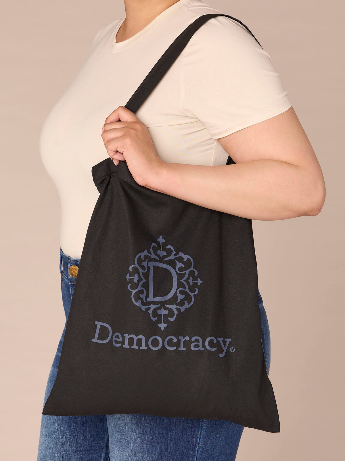 Democracy Script Drawstring Tote Bag - Black