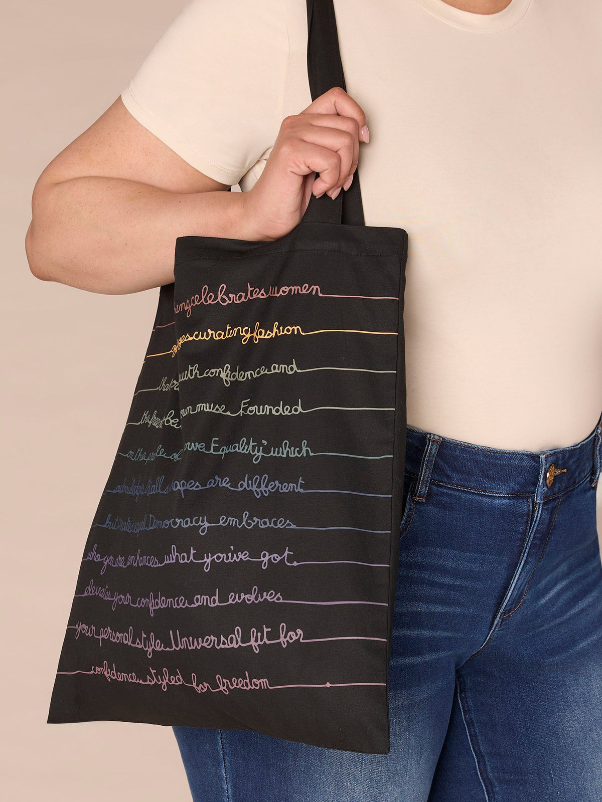 Democracy Script Drawstring Tote Bag - Black