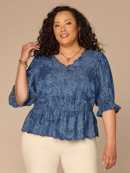 Lantern Sleeve V-Neck Scallop Printed Lyocell Plus Size Woven Top - Indigo|Light Blue