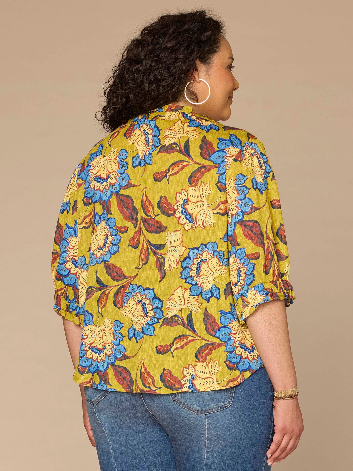 Elbow Length Ruffle Edge Neck Button Down Printed Plus Size Woven Top - Chartreuse Multi|Rose Pearl Multi