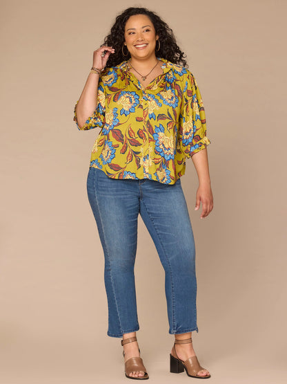Elbow Length Ruffle Edge Neck Button Down Printed Plus Size Woven Top - Chartreuse Multi|Rose Pearl Multi