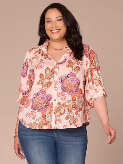 Elbow Length Ruffle Edge Neck Button Down Printed Plus Size Woven Top - Chartreuse Multi|Rose Pearl Multi