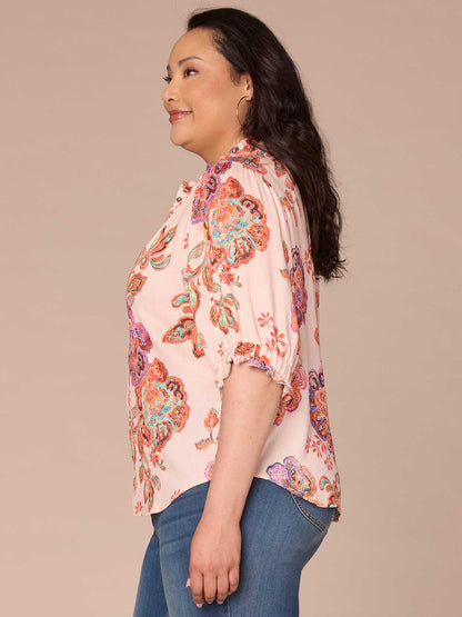 Elbow Length Ruffle Edge Neck Button Down Printed Plus Size Woven Top - Chartreuse Multi|Rose Pearl Multi