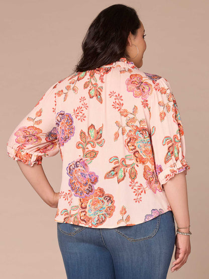 Elbow Length Ruffle Edge Neck Button Down Printed Plus Size Woven Top - Chartreuse Multi|Rose Pearl Multi