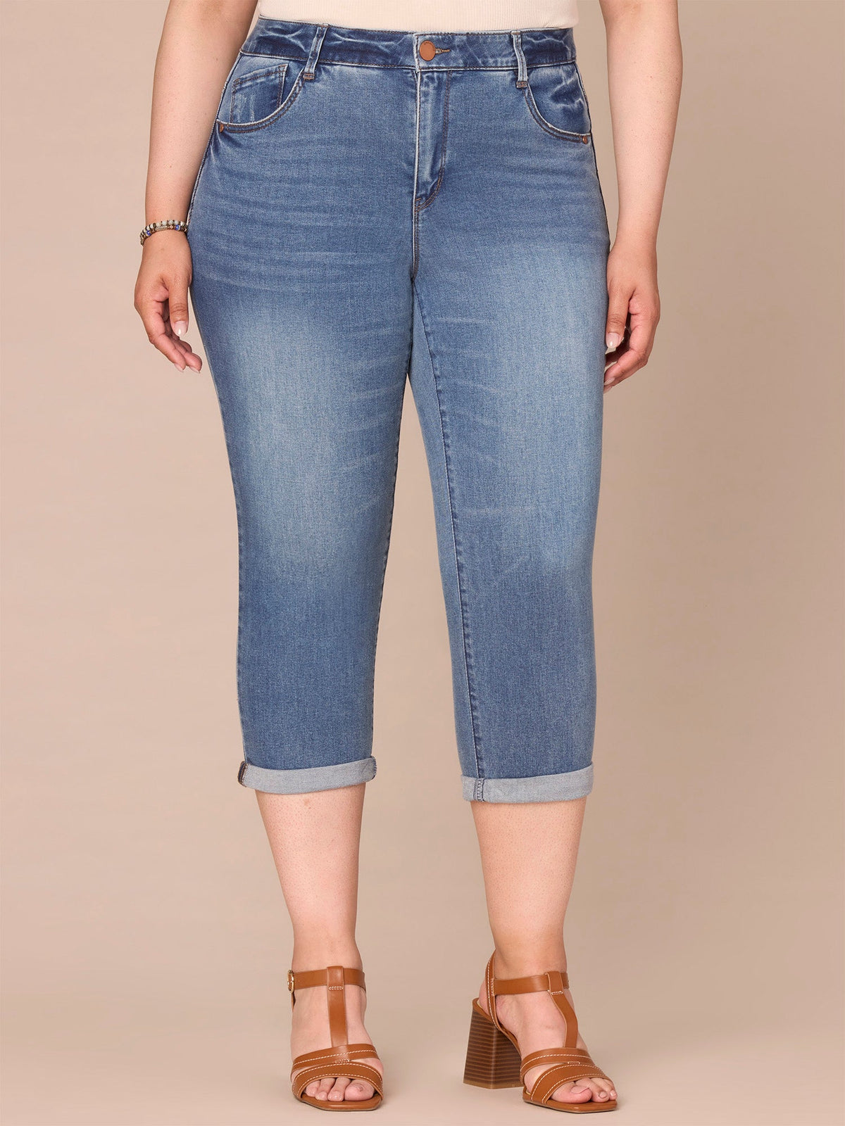 "Ab"solution High Rise Rope Embroidered Plus Size Modern Capri Jeans - Mid Blue Artisanal Denim