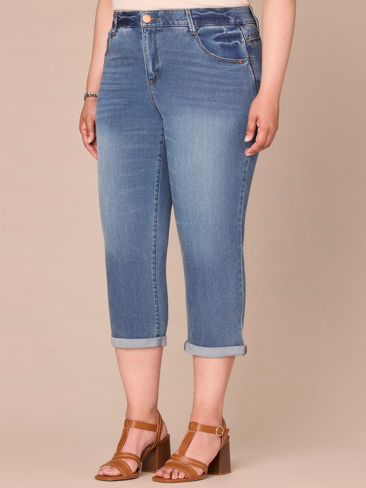 "Ab"solution High Rise Rope Embroidered Plus Size Modern Capri Jeans - Mid Blue Artisanal Denim