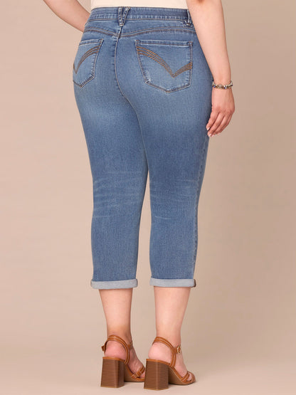 "Ab"solution High Rise Rope Embroidered Plus Size Modern Capri Jeans - Mid Blue Artisanal Denim