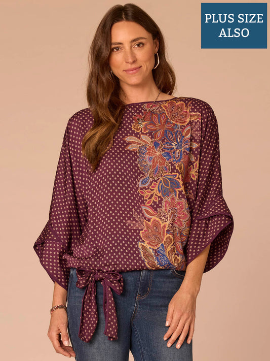 Three Quarter Dolman Sleeve Boat Neck Printed Plus Size Woven Top - Fig Jam Multi