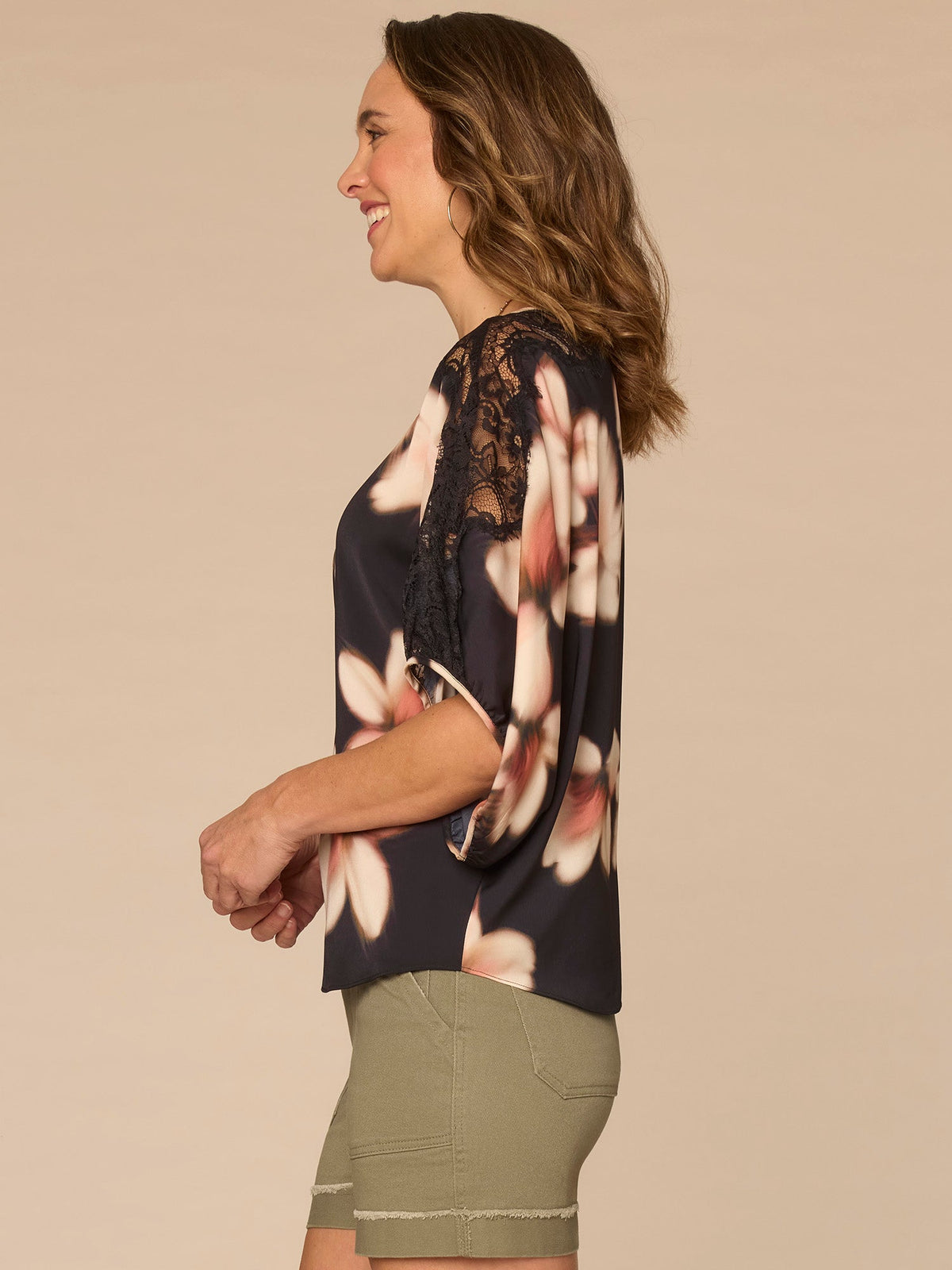 Inset Lace Dolman Sleeve Scoop Neck Floral Print Plus Size Woven Top - Black Soft Blush Multi