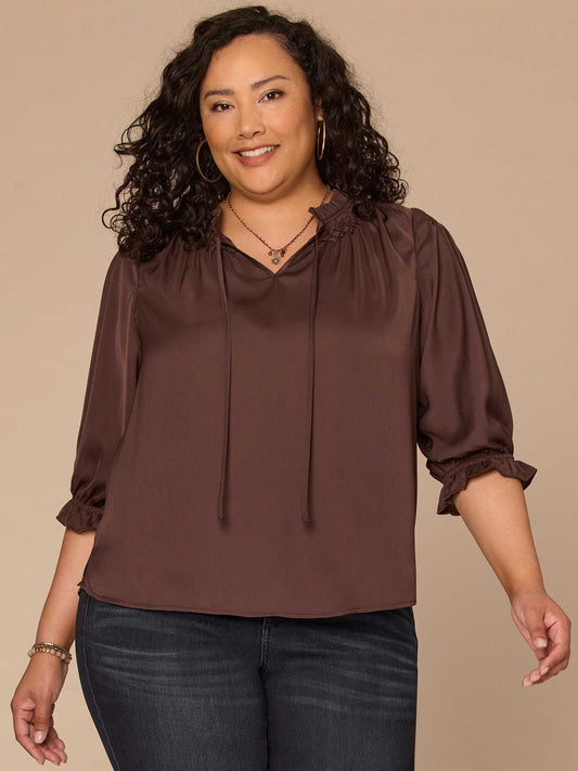 Three Quarter Sleeve Honeycomb Embroidered Neck Plus Size Woven Top - Brown