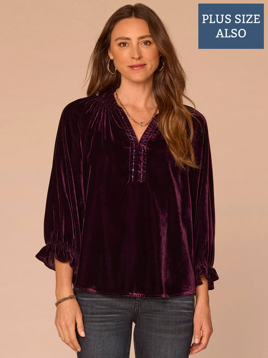 Blouson Sleeve Ruffle Neck Rhinestone Plus Size Woven Velvet Top - Aubergine|Ultra Navy