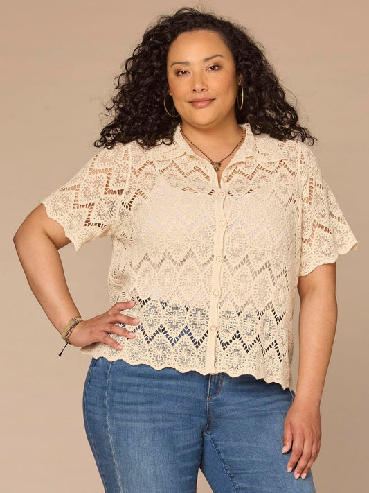Short Sleeve Collared Button Down All-Over Crochet Plus Size Woven Top - Natural